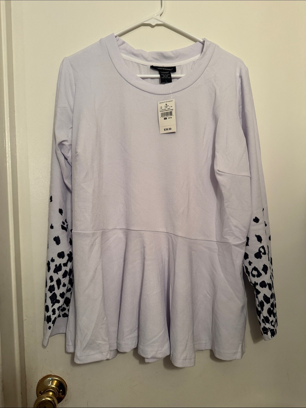 Ashley Stewart Light Lavender Peplum Top with Black Leopard Sleeves